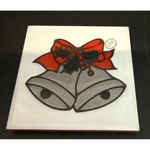 Cleo Teissedre Christmas Bells Bow Holly 4x4 Tile Coaster Trivet Wall Decor
